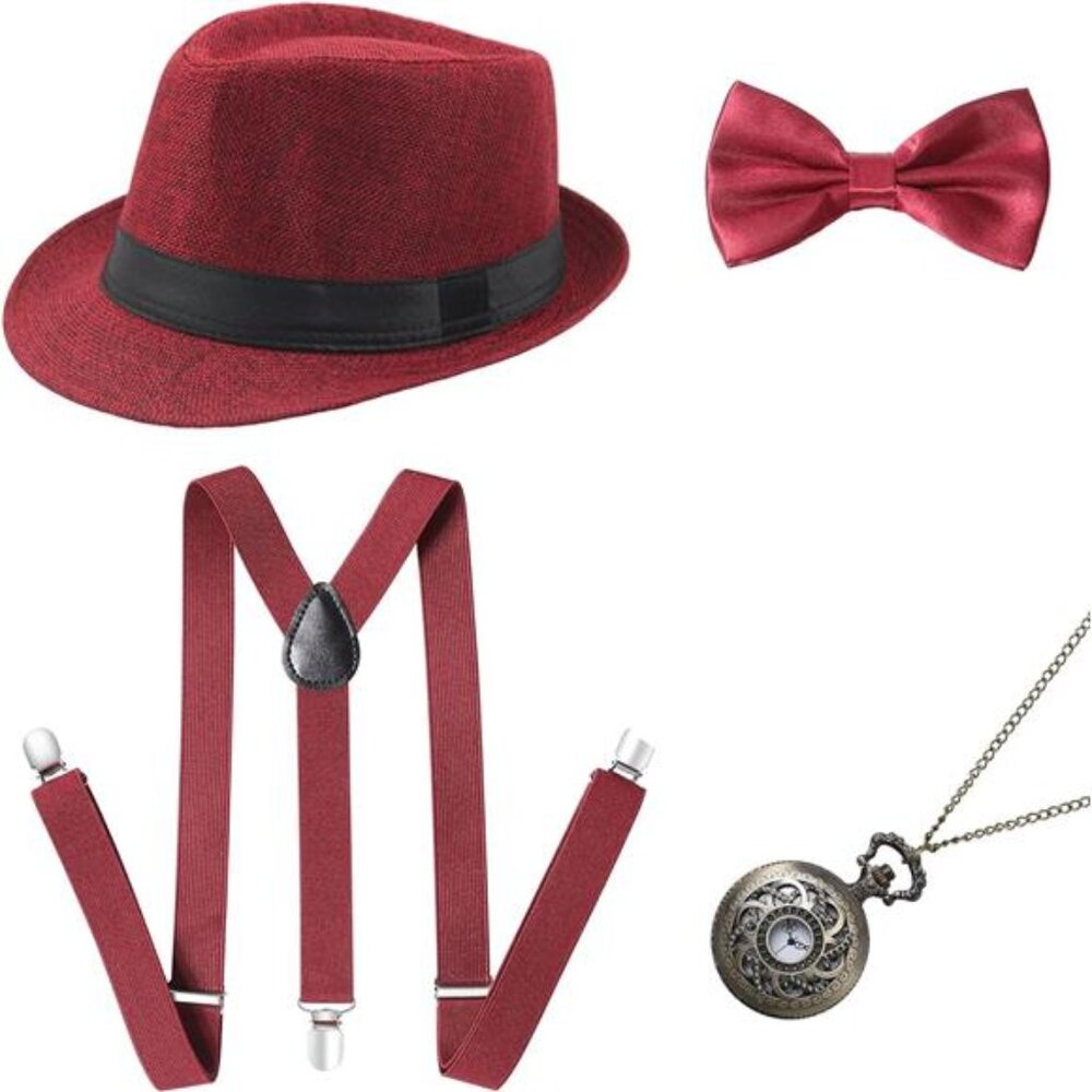 BABEYOND 1920s Mens Gatsby Gangster Accessories Set Panama Hat Suspender Bow Tie